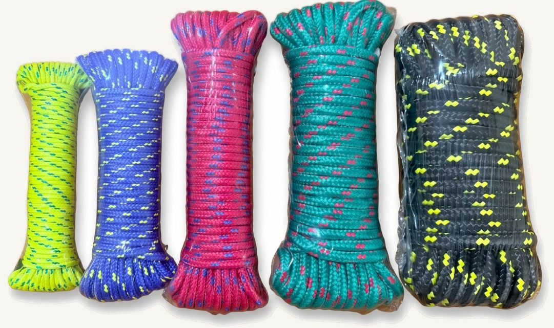 Five hanks of braided rope in tracer colors